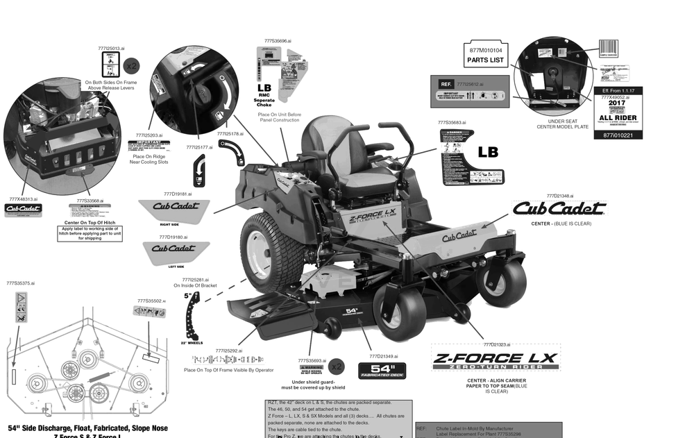 Label Map Diagram and Parts List for Z-FORCELX54KW (17AIDAUC010)(2018) Cub Cadet Lawn Tractor